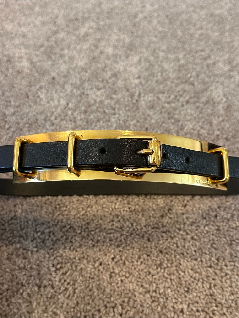 Gucci Black Leather Slim Belt with Gold Buckle Accents